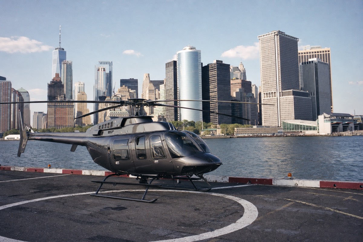 Sightseeing helicopter on a Manhattan heliport ready for a New York helicopter tour, skyline behind it